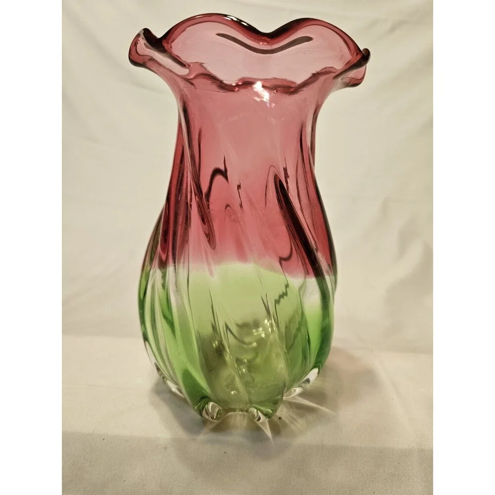 Vintage Hand Blown Teleflora Watermelon Pink Green Swirl Scallop Glass 8